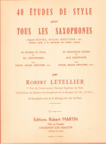 cover Quarante tudes de Style Pour Tous les Saxophones Editions Robert Martin